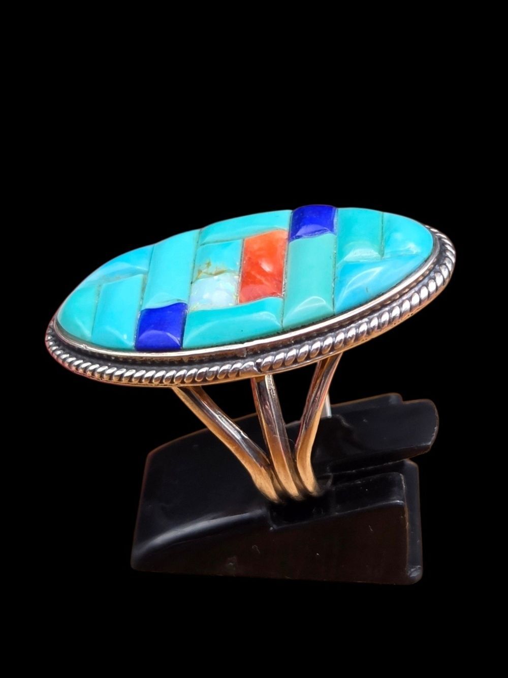 Sterling Silver Turquoise Lapis Opal Spiny Oyster Ring, Feather Mark, Size 8.25 - Picture 2 of 4
